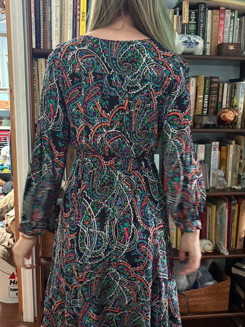 Maeve Black Paisley Long-Sleeve Midi Dress with Teal & Coral Accents
